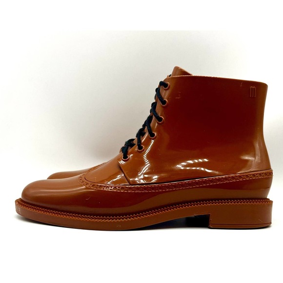 Melissa Boots Women Size‎ 6 Rain Boots Lace Up Shiny Bronze - Picture 3 of 5